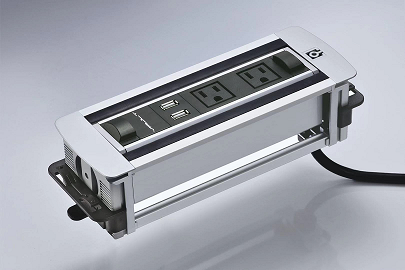 HOS-01 compact in-desk power Vault — dimensioned specification drawing