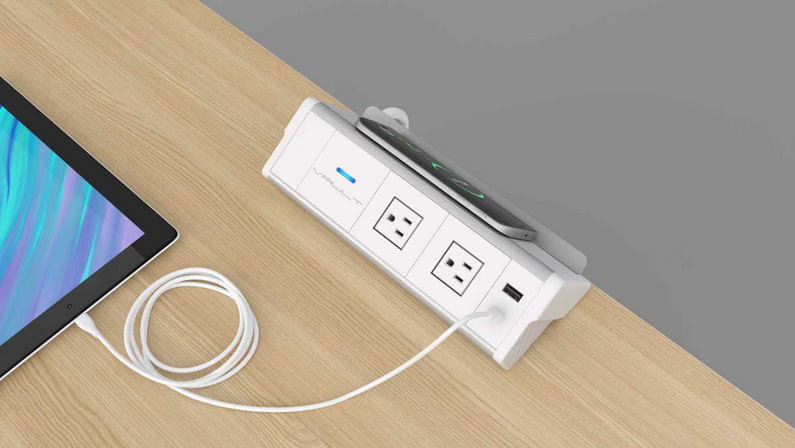 Z25 under-desk power and charging hub — dimensioned specification drawing